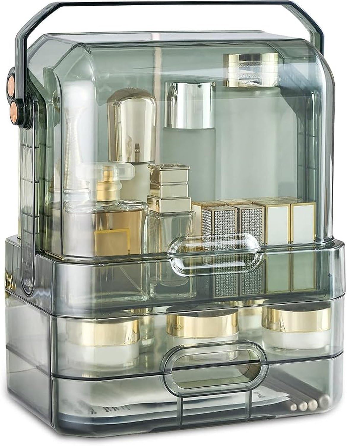 Coffret Maquillage Portable Transparent Luxe Multifonction, Boîte de Rangement Cosmétiques Anti-Poussière Organiseur Soin Peau Bijoux Rouge à Lèvres, Transparent Green