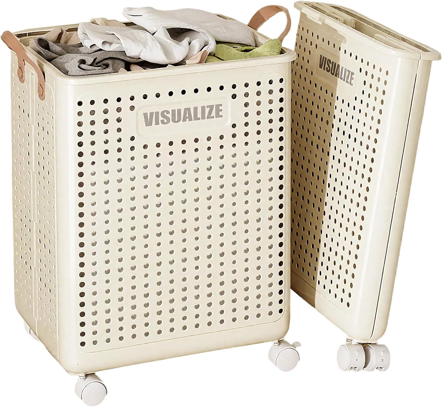 Garstc Foldable Laundry Hamper with Wheels, Large Capacity Dirty Clothes Basket, Breathable Laundry Bin for Bedroom/Bathroom/Laundry Room, Collapsible Clothes Hamper for Organizing (Creamy white)