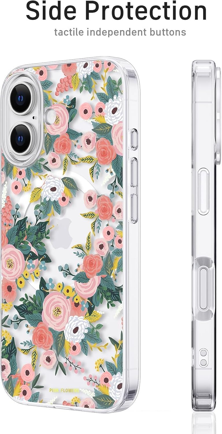 Clear Phone Case for iPhone 16 Compatible with Magsafe, Spring Pink Flowers Design Magnetic Shock Proof Heavy-Duty Protection for Men Boys Women Girls - Image 3