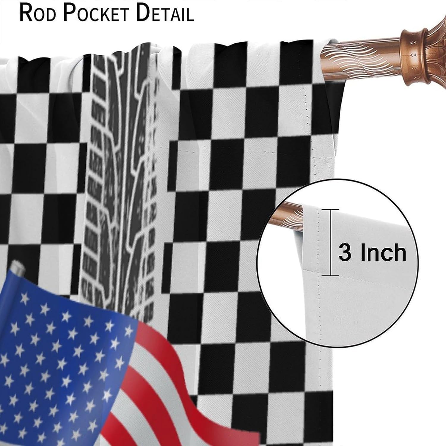 Kids American Flag Curtains,Vintage Classic Black White Checkered Sports Racing Car USA Flag Blackout Window Treatments,for Boys Girls Living Room Bedroom Kitchen Cafe Farmhouse 42" W X 45" L