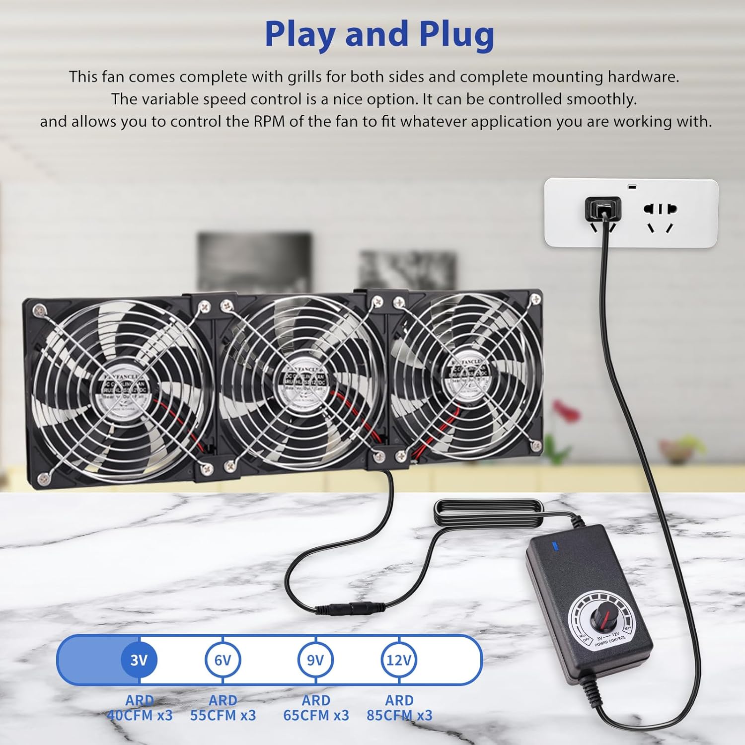 3X 120mm 12V Computer Fan with DC to AC 110V - 240V Speed Controller, Cooling for Window Cabinet Chassis Machine Server Workstation Refrigerator, Greenhouse