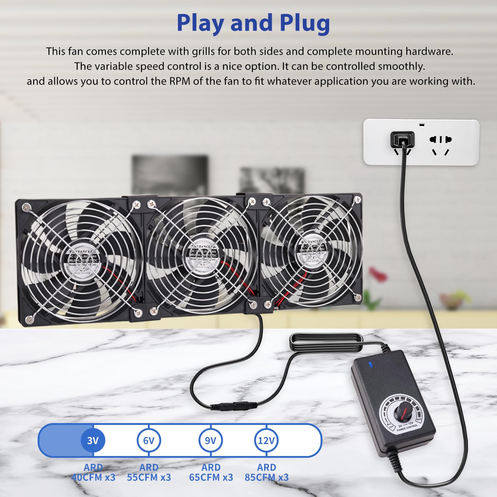 3 ventiladores de computadora de 120 mm y 12 V con controlador de velocidad de CC a CA de 110 V a 240 V, refrigeración para ventana, gabinete, chasis, máquina, servidor, estación de