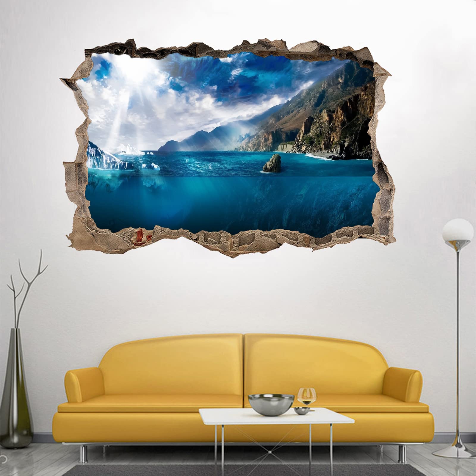 Landschaft Wandtattoos 3D Durchbruch Wandsticker Mauerloch Selbstklebend Wandaufkleber See für Kinderzimmer Schlafzimmer Wohnzimmer 80 cm x 120 cm