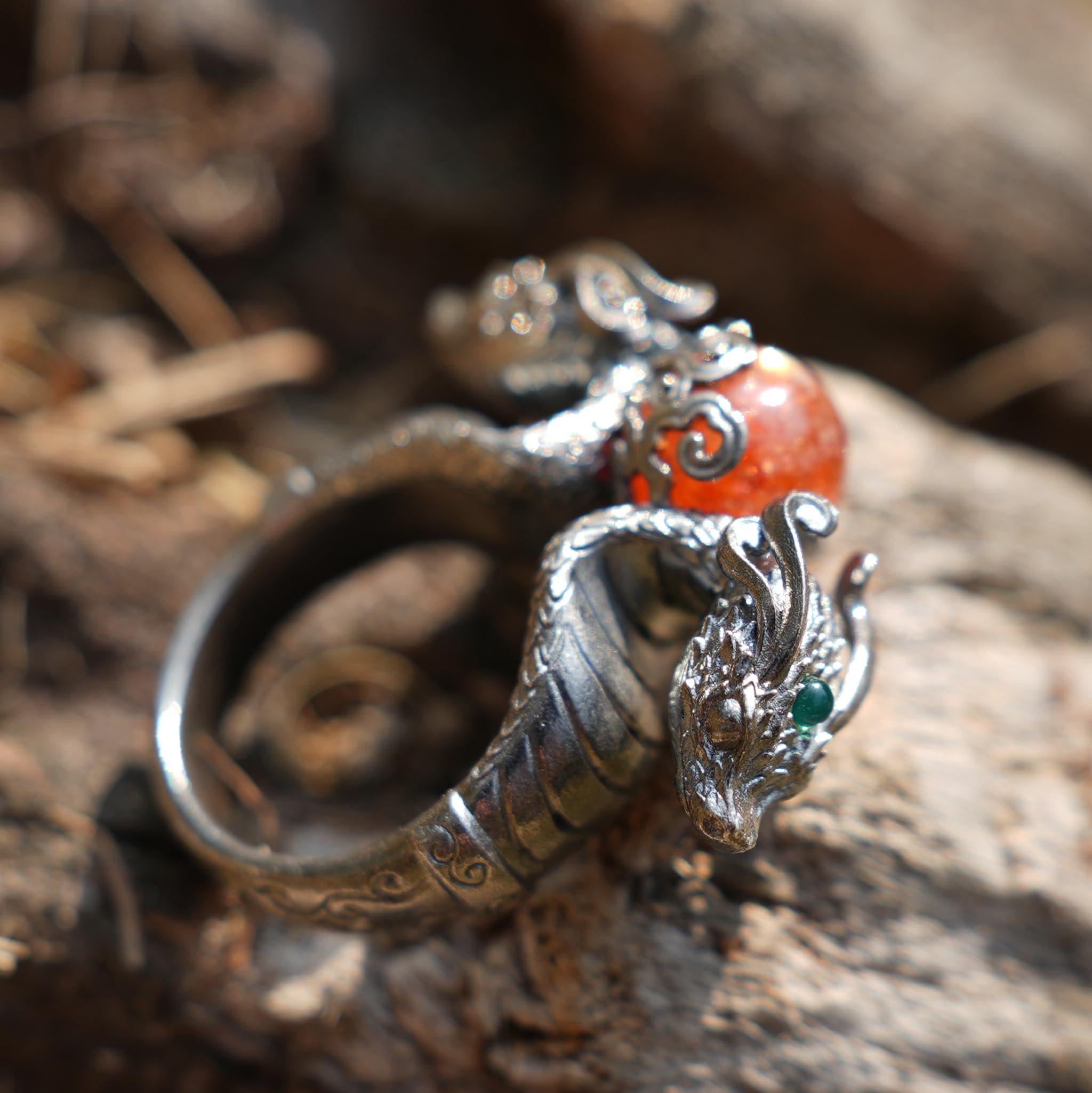 Generisch Handgefertigter 925er Silber Drachen-Ring mit leuchtendem Sonnenstein & Aquamarin-Akzenten │ Mystisches Fantasy-Amulett, verstellbar Größe 6