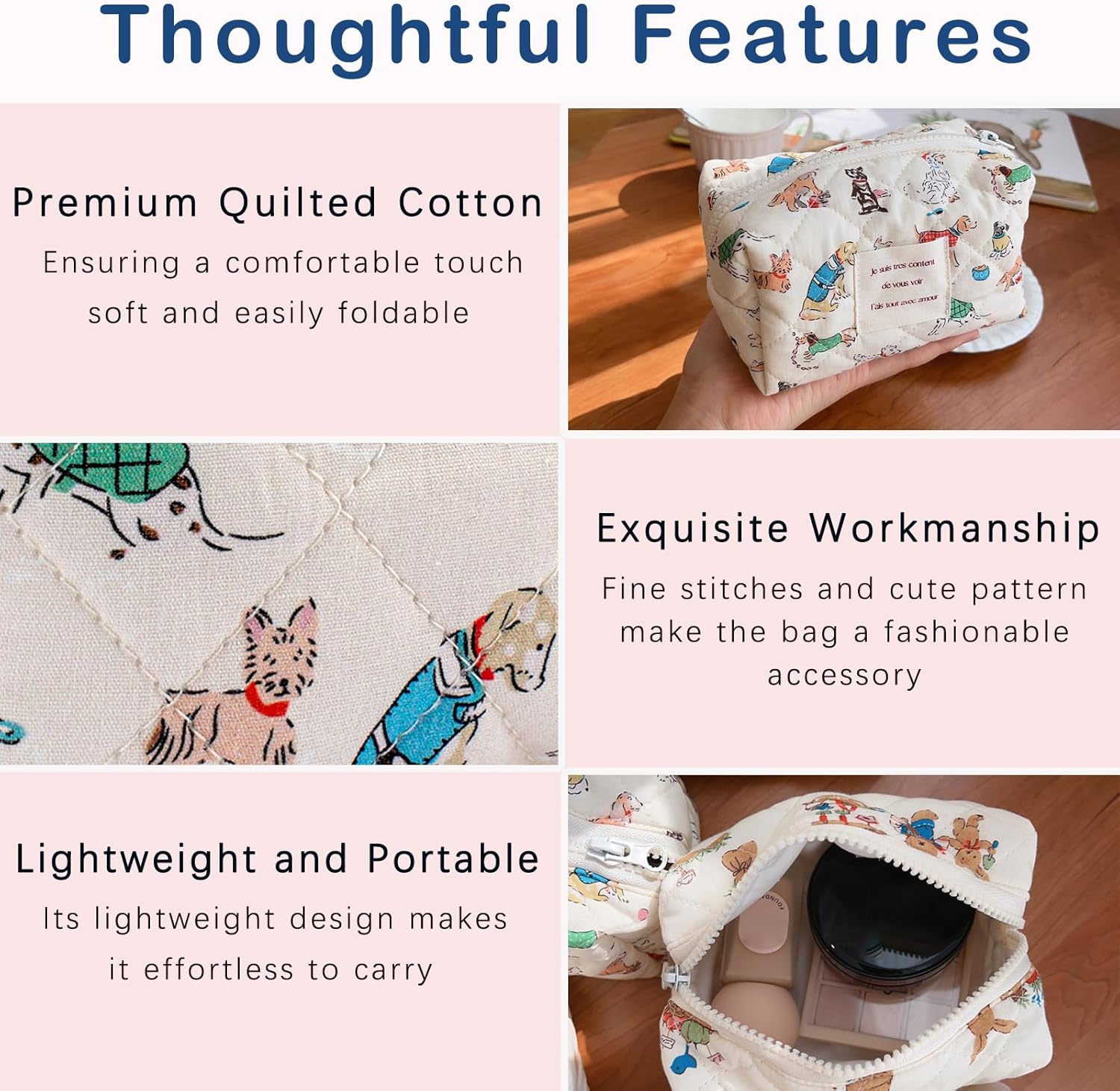 Mini Size Quilted Cotton Makeup bag Cute Animal Cosmetic bag,Cotton Aesthetic Makeup Bag Large Capacity Travel Toiletry Bag for Women and Girls(Mini Puppy) - Image 3