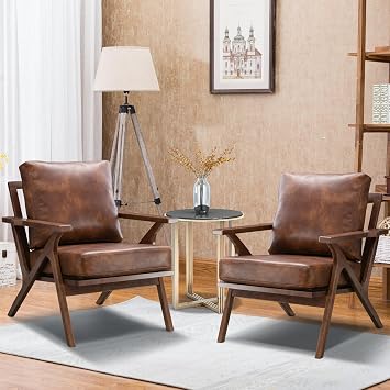 Bonzy Home Mid-Century Modern Accent Chair Set of 2, Upholstered PU Leather Armchair with Solid Wood Frame & Removable Cushions, Comfy Retro Leisure Chair Reading Chair for Living Room, Bedroom, Brown
