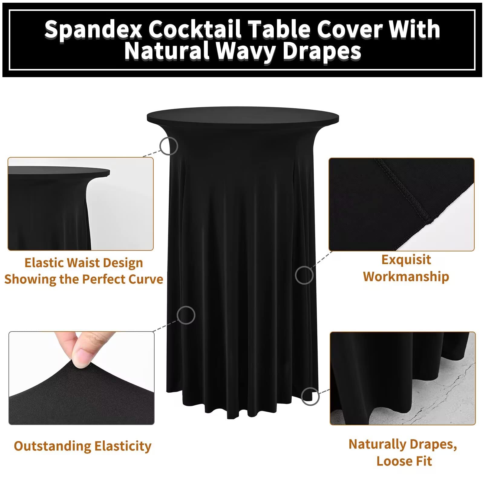 Paquete de 6 faldas redondas de mesa de cóctel de 32 x 43 pulgadas, mantel de cóctel elástico de elastano con cortinas onduladas, fundas de mesa de elastano negro ajustables para boda, bar,