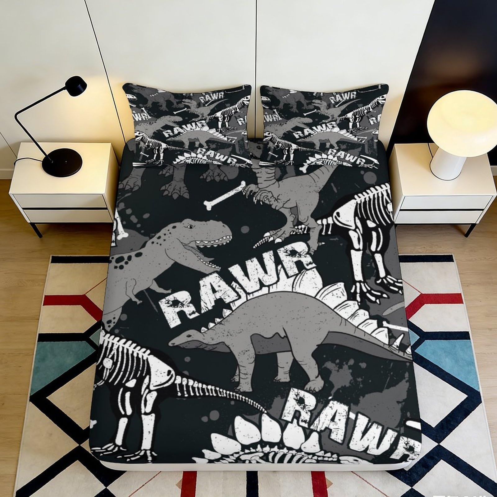 3D Printed Dinosaur Fossil Fitted Sheet Microfiber Grey Skeleton Bed Cover for Bedroom Guest Room Mattress Decor 180x200x25cm