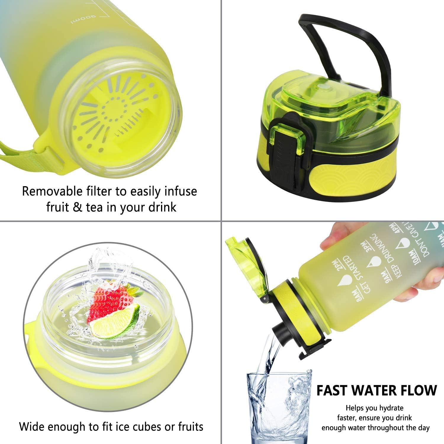 OLSOLE 32 oz Motivational Sports Water Bottle with Time Marker & Removable Strainer, Fast Flow, Flip Top Leakproof Durable BPA Free Non-Toxic Great for Outdoor Sports, Recreation and Fitness : Sports & Outdoors