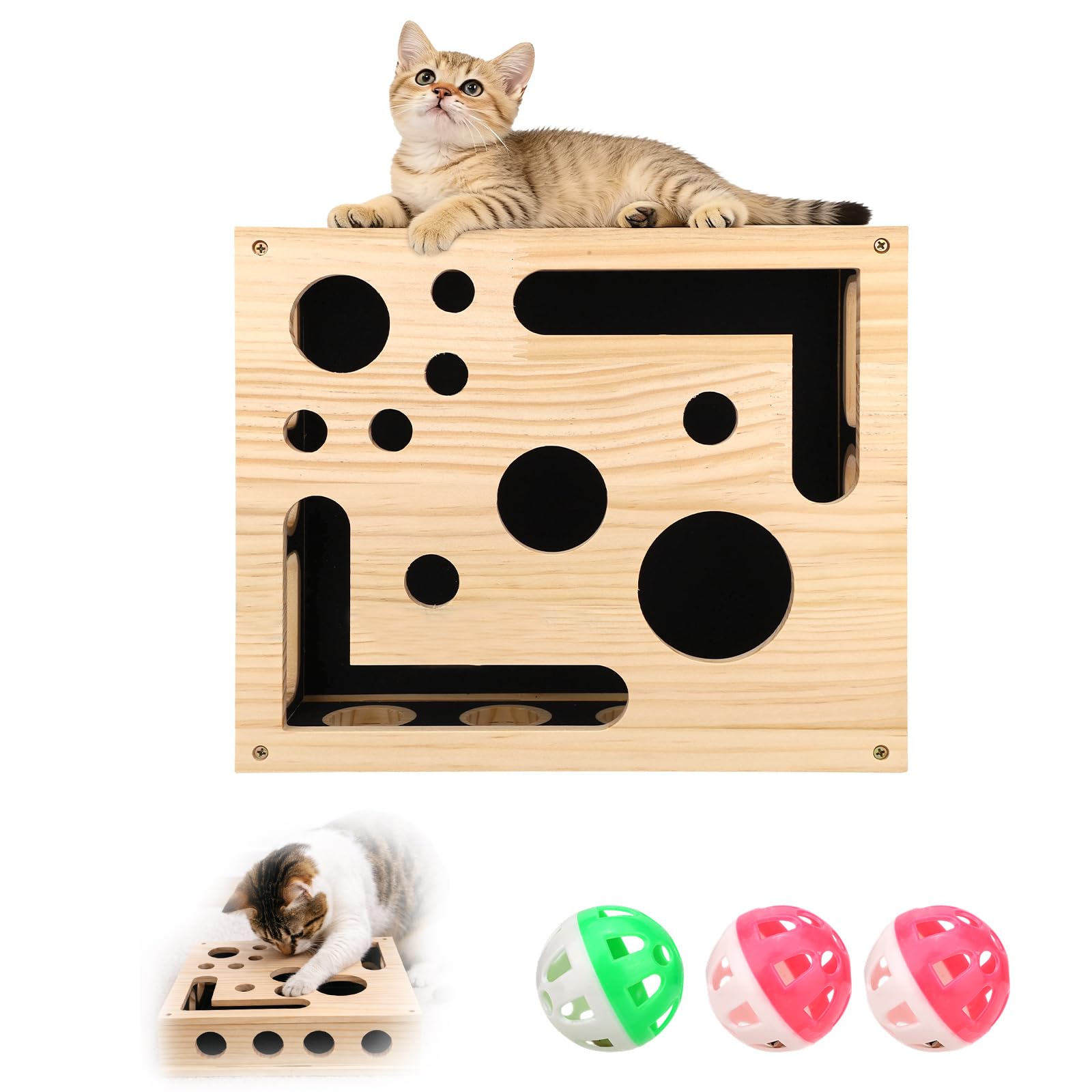 Caja de Enriquecimiento con Rompecabezas Rascar para Gatos con 3 Bolas de Cascabel, Lima Uñas Interactiva Madera para Gatos y Rascador Papel Lija en el Interior Lima Uñas Antiestrés