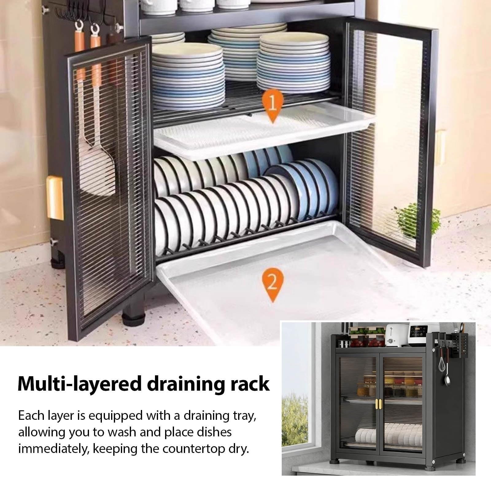 Armoire à Vaisselle de comptoir de Cuisine, égouttoir à Vaisselle de Restaurants, Armoire de Rangement multifonctionnelle Anti-poussière à Double Porte Transparente adaptée(White,2nd Floor)