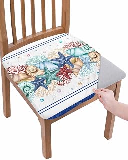 Navy Starfish Summer Chair Seat Covers for Dinning Room 1 PCS, Ocean Conch Coral Coastal Shell Comfortable Stretch Chair Slipcovers Cushion Protector for Banquet Kitchen