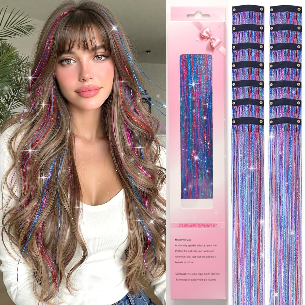 LORIEN Clip in Hair Tinsel, 14 Pcs Colorful Glitter Hair Accessories for Women Girls, 22 Inch Glitter Extensions for Party Birthday, Gifts for Teenage Girls (Colorful)