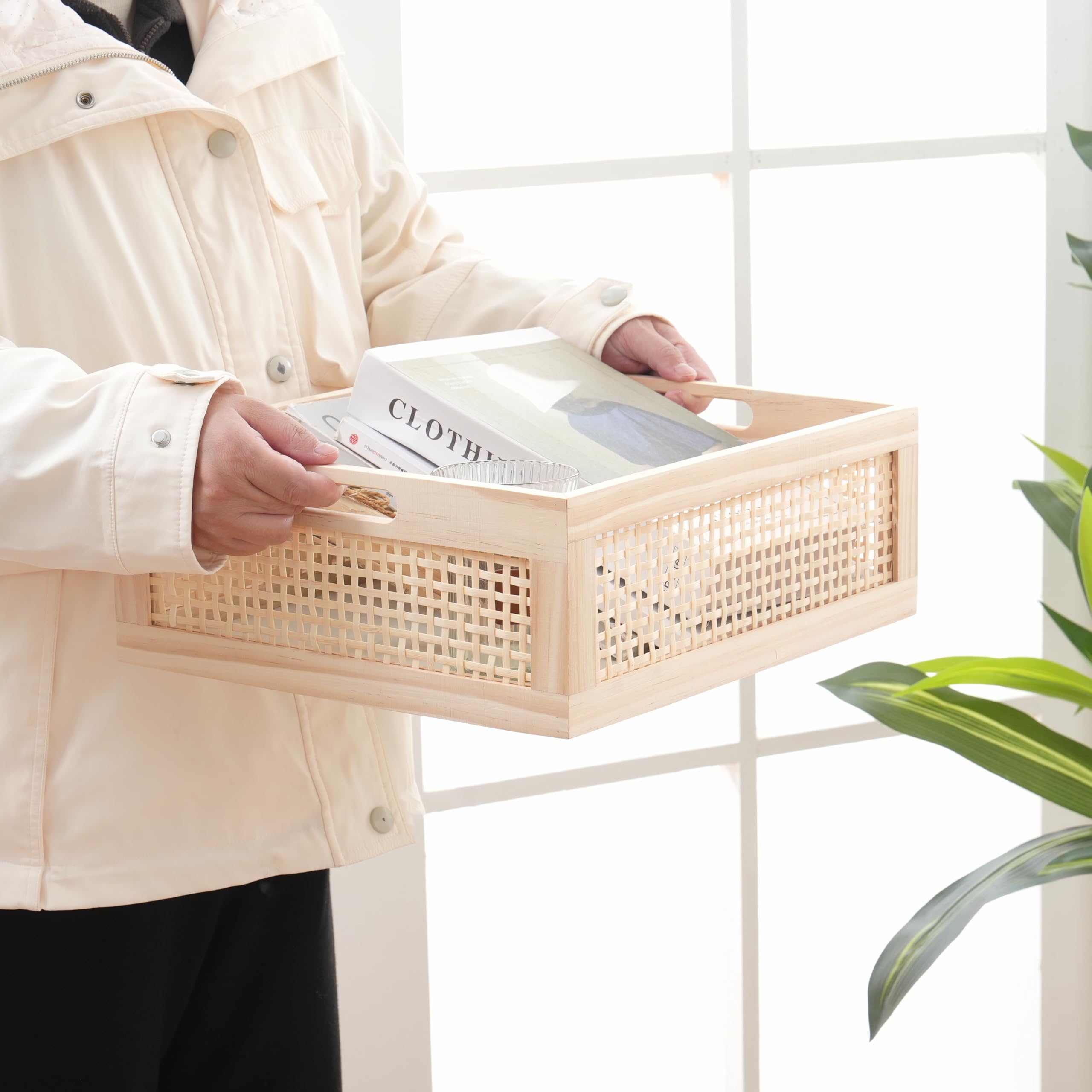 Aufbewahrungskorb aus natürlichem Kiefernholz mit Bambusgitter – Dekorativer Organizer für Zuhause, Büro und Wohnzimmer, rechteckig, 36 x 32 x 13 cm (L x B x H)