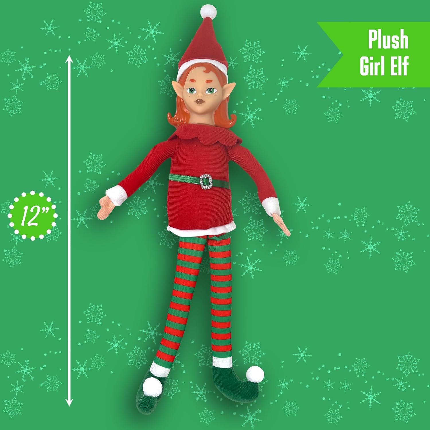 The Original Elf 12" Plush Christmas Elf Doll – Poseable Shelf Sitter with Flexible Dangling Legs – Perfect for Christmas Decorations, Toy Elf for Kids, Mini Elves, and Tree Topper (Girl)