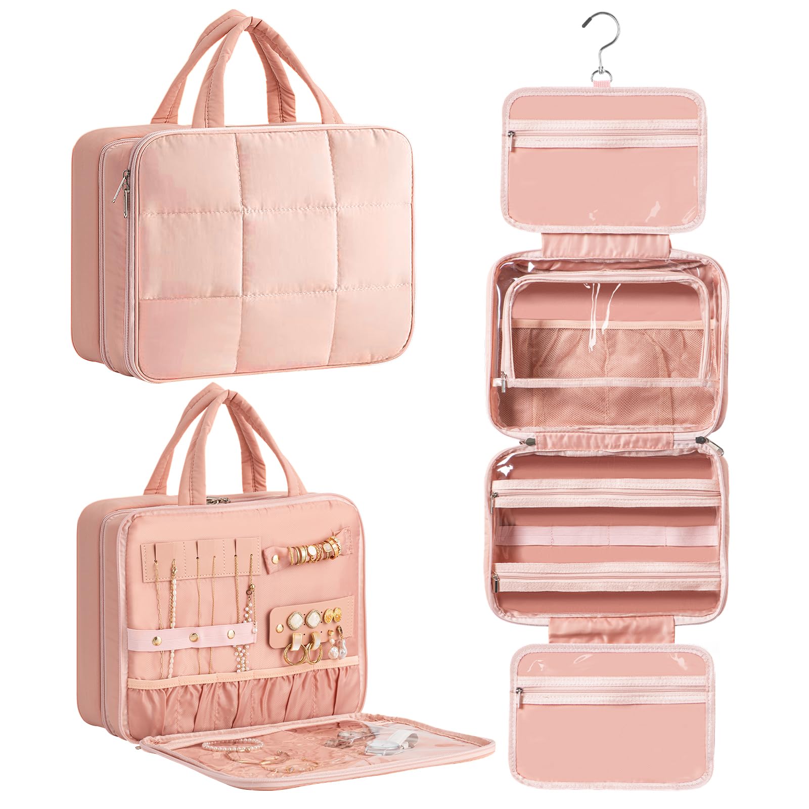 HBlife Travel Toiletry Bag with Jewelry Organizer for Women, Puffy Hanging Travel Bag for Toiletries with Trolley Belt, Waterproof Makeup Cosmetic Bag