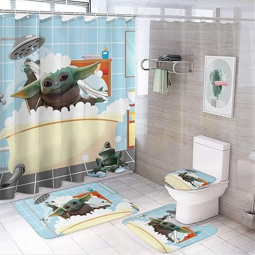 Miniatura 1 de Juego de 4 cortinas de ducha divertidas con alfombras antideslizantes, cubierta para tapa de inodoro y tapete de baño, decoración de baño de dibujos