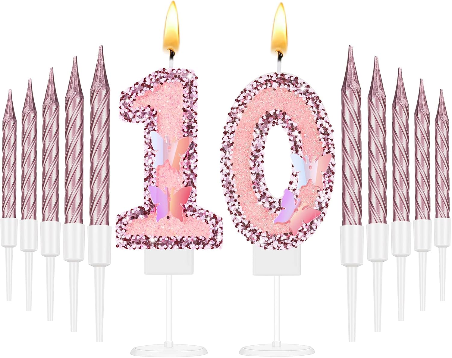 Amylove 10 Birthday Candle Pink Glitter Birthday Candles for Girls Princess Sequin 10th Number Happy Cake Topper with 10 Long Thin Cupcake Candle for Party Cake Topper Party Decor