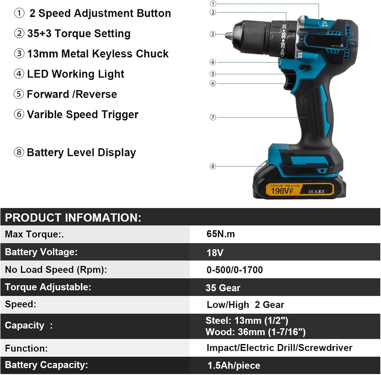 Electric Tool 13MM 35+3 Torque Brushless Electric Impact Drill Cordless Electric Screwdriver DIY Power Tool 18V Practical(2 Battery)