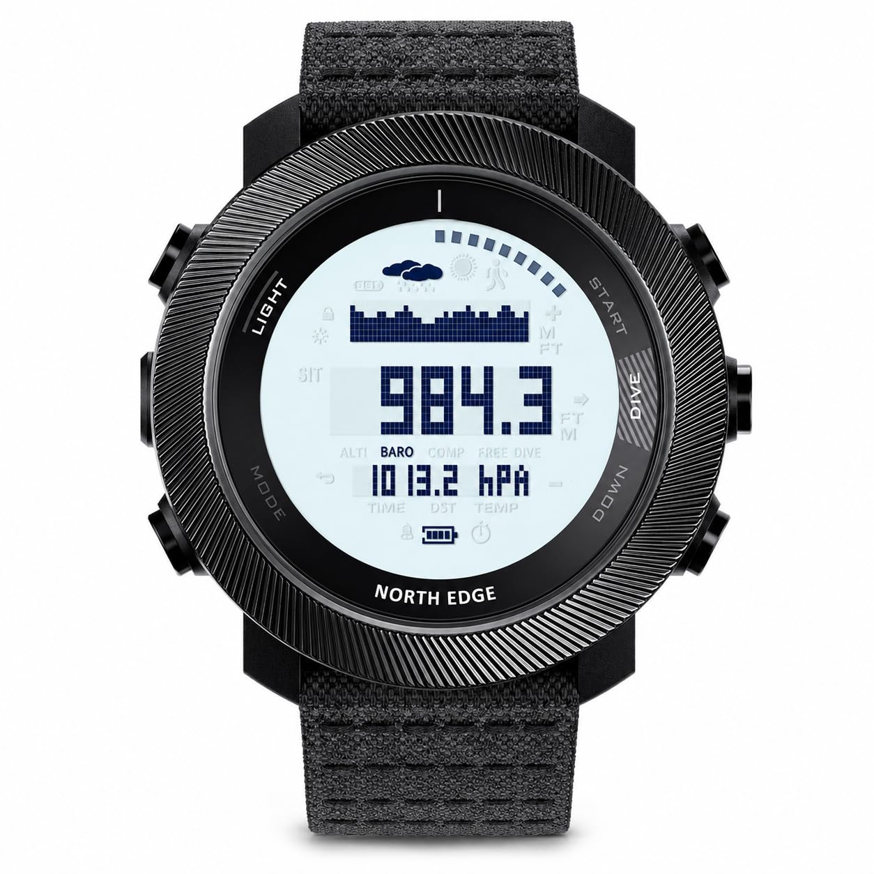 NORTH EDGE Apache-D Herren Outdoor Digitaluhr, 50 m Freitauchuhr mit Tiefenmesser, Kompass, Höhenmesser, Barometer und Schrittzähler