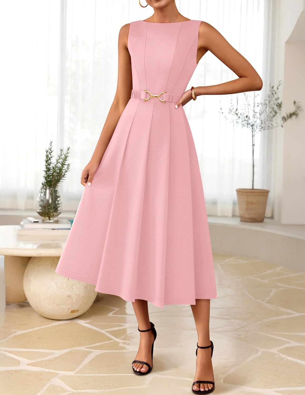 ZESICA Women Summer Sleeveless Midi Dresses 2026 Elegant Boat Neck A Line Tie Waist Spring Cocktail Party Dress - Image 4