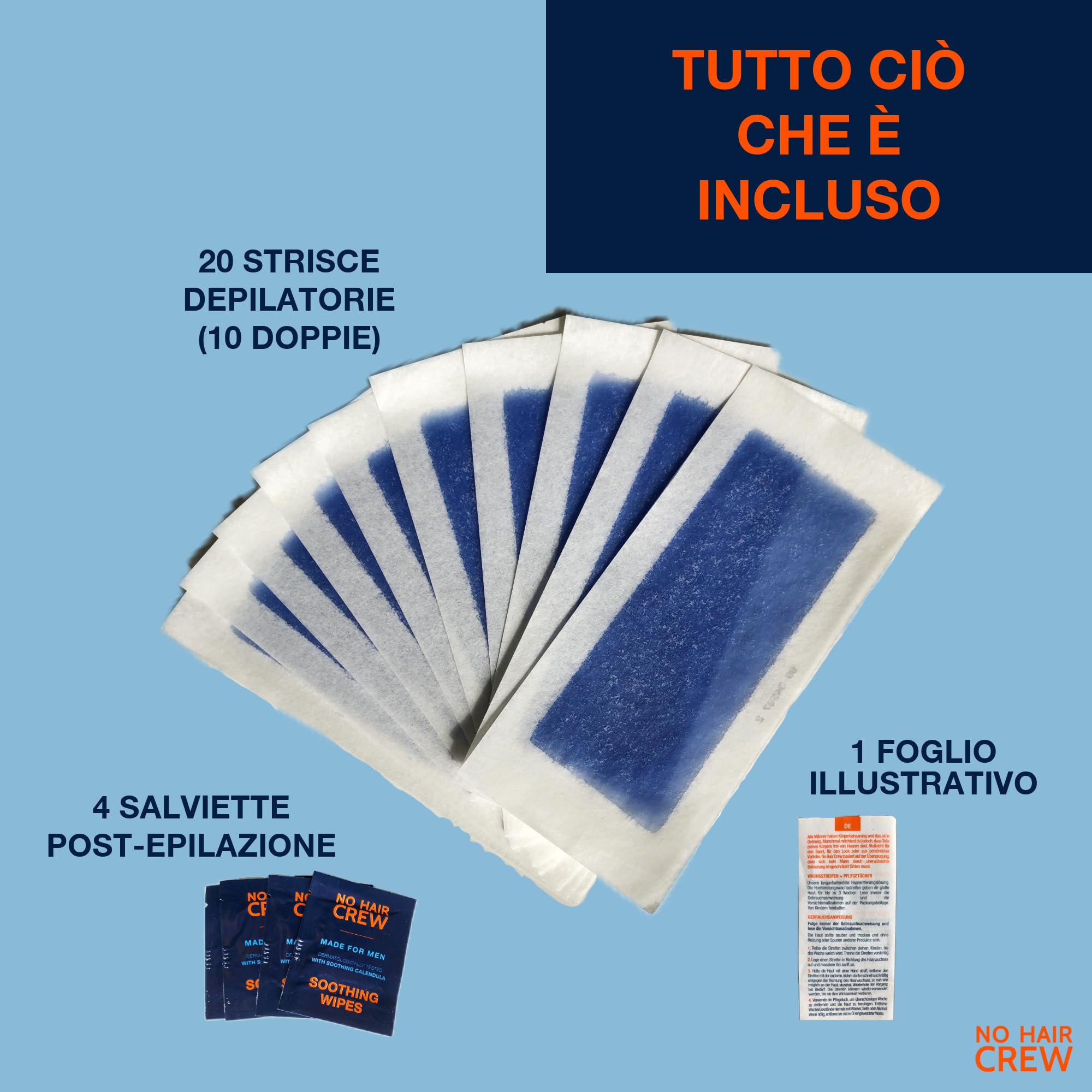 NO HAIR CREW Strisce Depilatorie Corpo Uomo Confezione da 3 (3 x 20 Strisce + Salviette Lenitive) – Depilazione a Lunga Durata