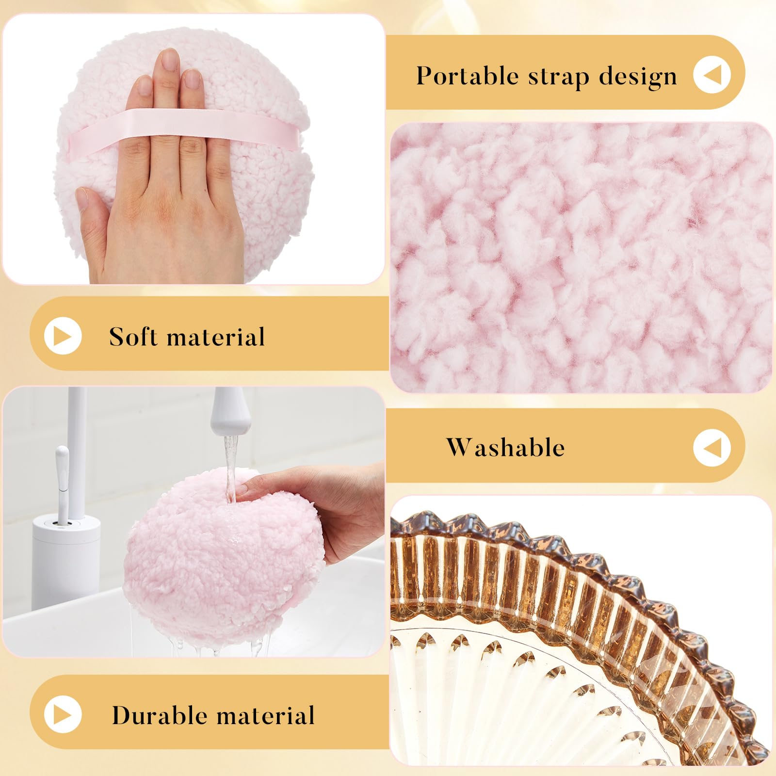 2 spugnette per cipria viso extra large con contenitore per donne, barattolo in cristallo di vetro da 14 cm (corpo da 15 cm), morbido, lavabile e riutilizzabile (ambra)