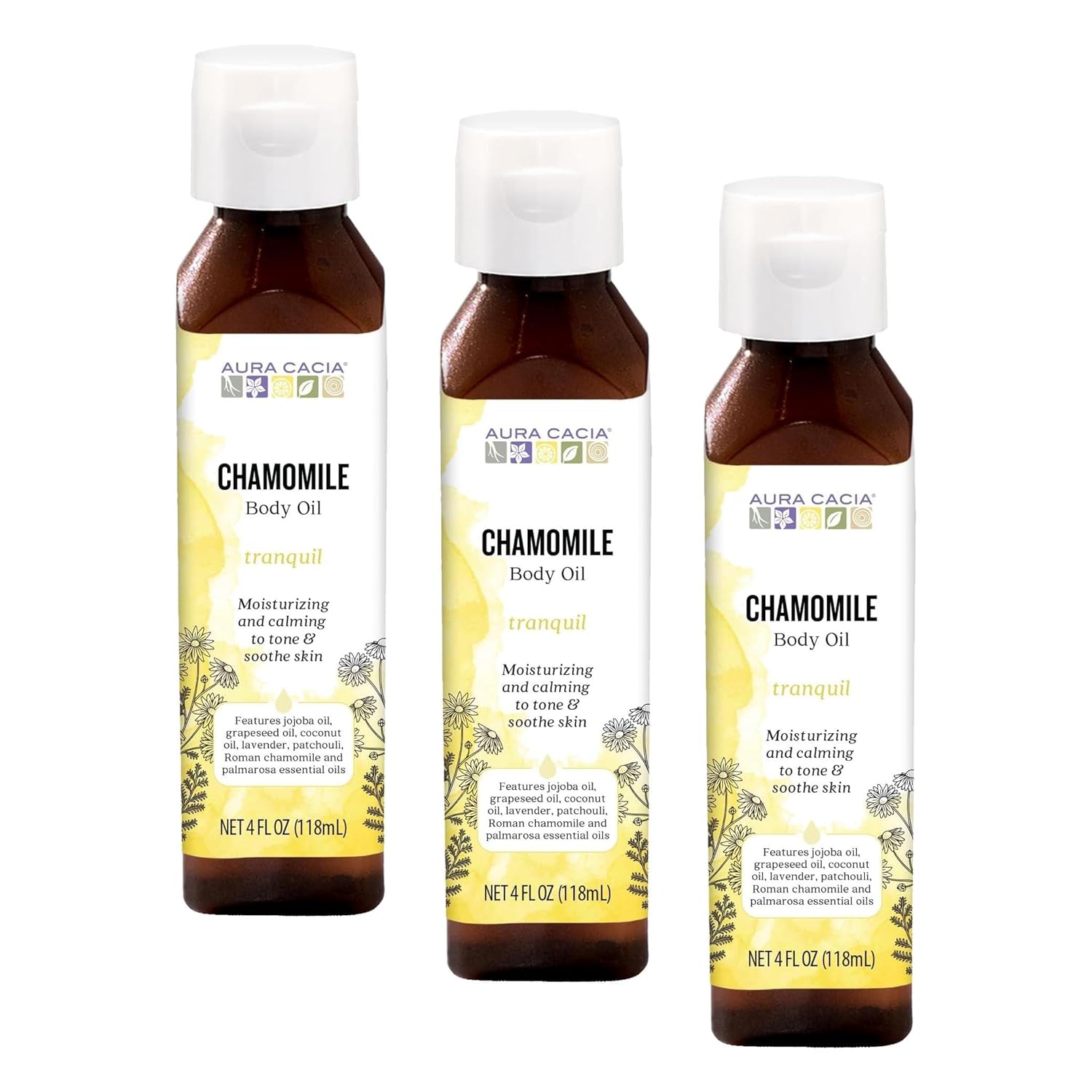 Aura Cacia Body Oil, Tranquil Chamomile, 4 Fluid Ounce (Pack of 3)