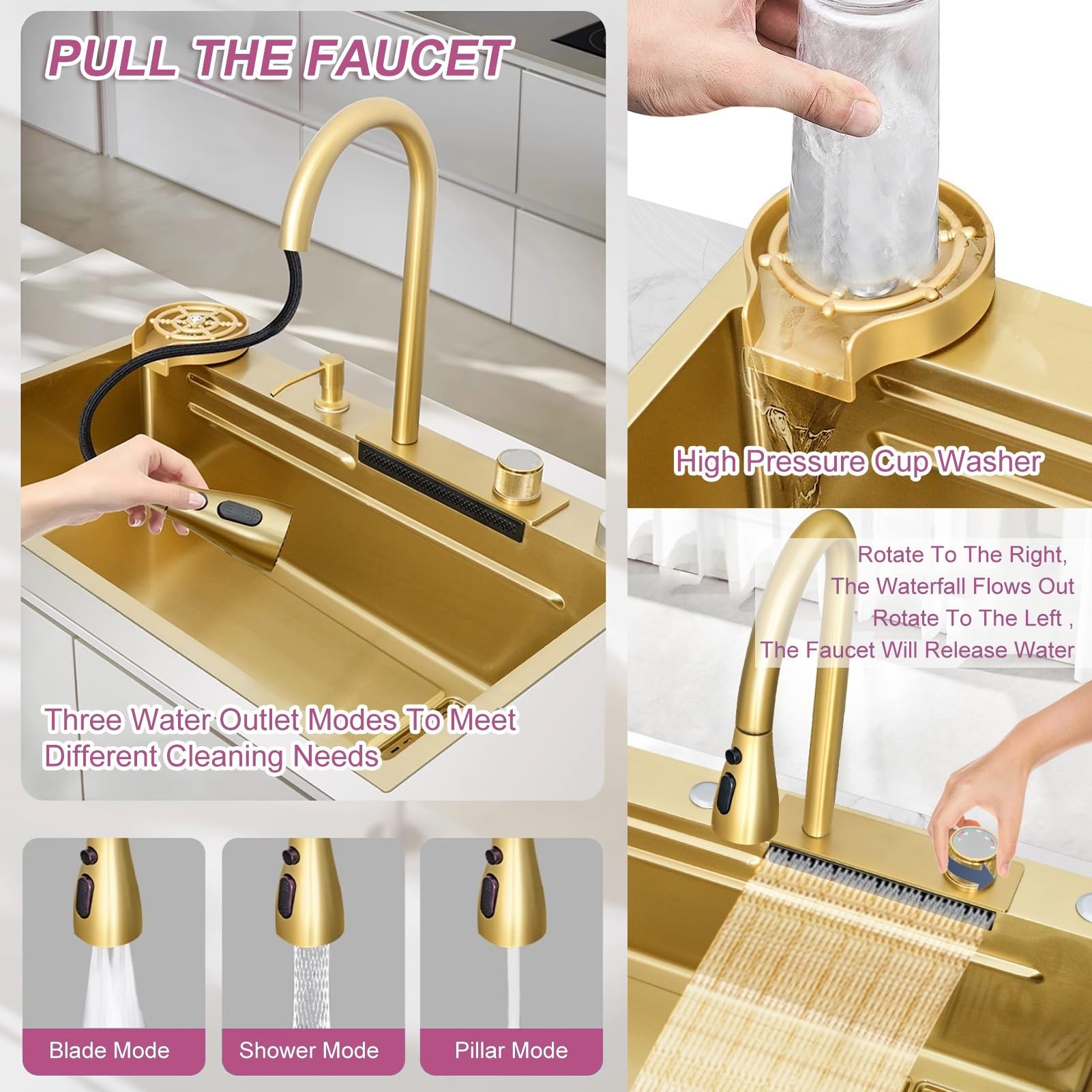 Gold Sink With Extendable Taps And Waterfall Sink Kitchen With Vegetables And Dishwasher With Cup Cleaner, Full Set Of Accessories (75 X 45 X 22 Cm