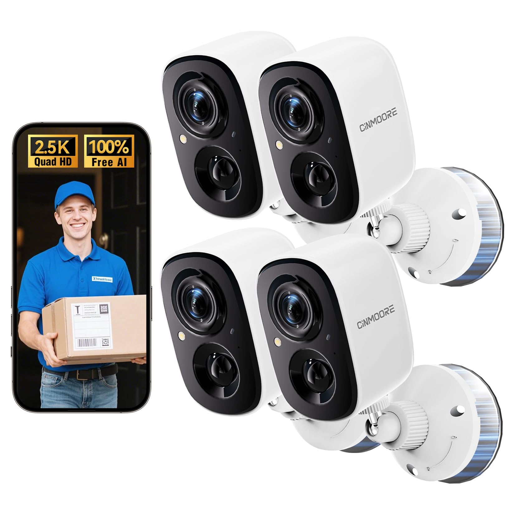 2.5K Wireless Magnetic Home Security Cameras Outdoor 4-Pack, Non-Subscription AI Person Detection, 4MP Color Night Vision, Full Duplex 2-Way Audio, IP66 Waterproof Battery Powered, Sound & Light Alarm