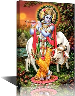 1 Piece Canvas Wall Art Lord Krishna Wall Painting Krishna Bansuri Cow Pictures for Bedroom Indian God Home Decorations for Living Room and Bedroom Framed Stretched Ready to Hang (12''Wx 18''H)