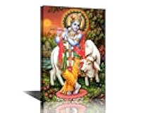 Wall Decorations for Living Room Indian God Home Decor Lord Krishna Wall Art Indian Religious Bedroom Decor 1 Piece Krishna Bansuri Cow Bathroom Decor Wall Art Framed Ready to Hang (24''Wx 36''H)
