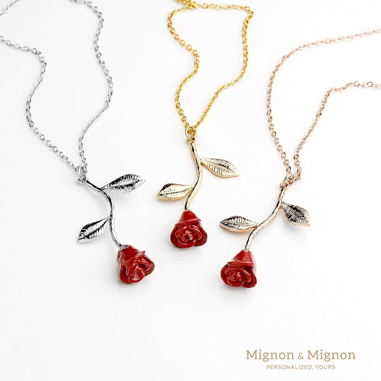 MignonandMignon Rose Pendant Necklace in Gold Rose Gold Silver Mother's Day Roses Jewelry Gift for Mom 3D Pendant