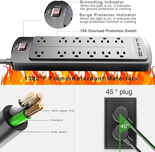 Miniatura 6 de Nuetsa - Múltiple con protector de sobretensión, 12 tomas de corriente y 4 puertos USB, extensión plana de 6 pies (1875 W15 A) para hogar, oficina,