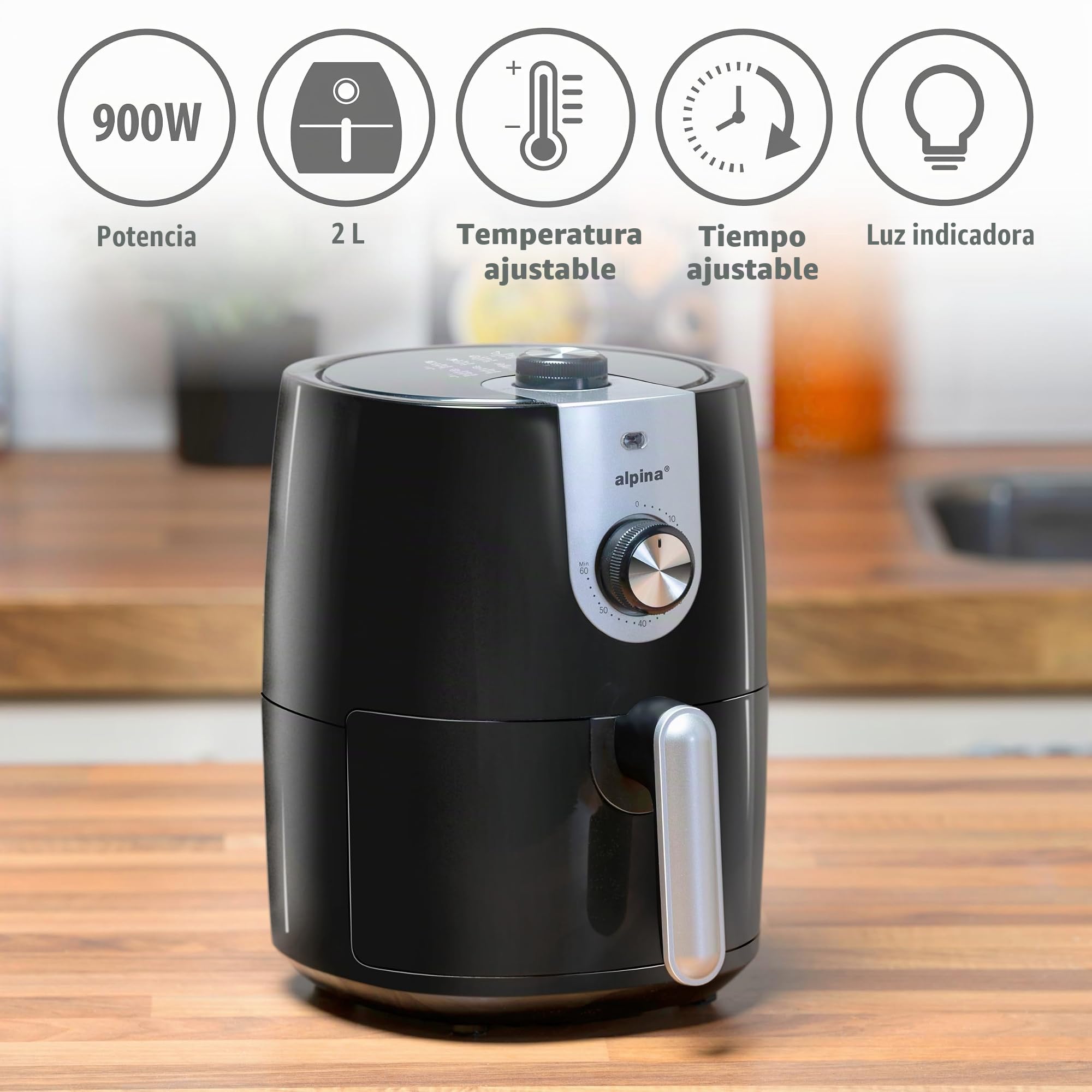 alpina Freidora Aire 2L - Air Fryer Adecuada para 2 a 3 Personas - Freidora sin Aceite con Temporizador y Temperatura Ajustable - Plástico - Negro