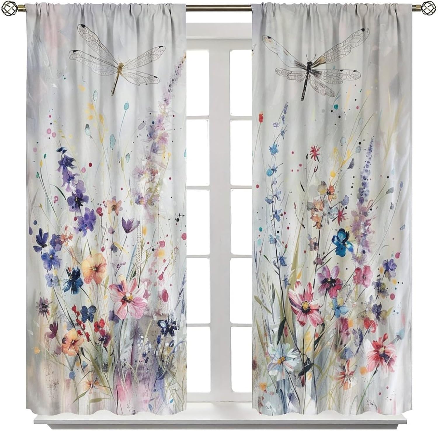 Colorful Daisy Lavender Blackout Curtains for Bedroom/Living Room, Dragonfly Watercolor Plant Curtains Rod Pocket Thermal Insulated Window Drapes, 21W x 45L, 2 Panels