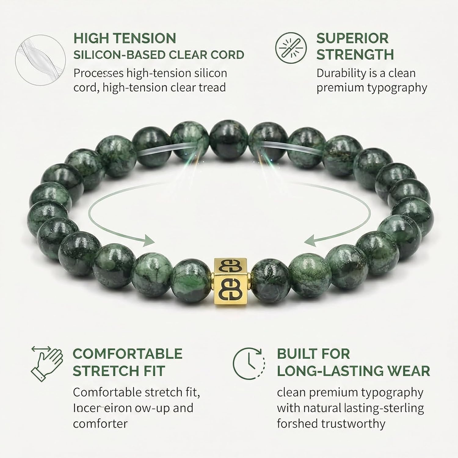 Kartini Studio Dark Green Jade and 22 Karat Gold Bracelet, Men's Jade Bracelet, Quality Bead Jewelry for Man