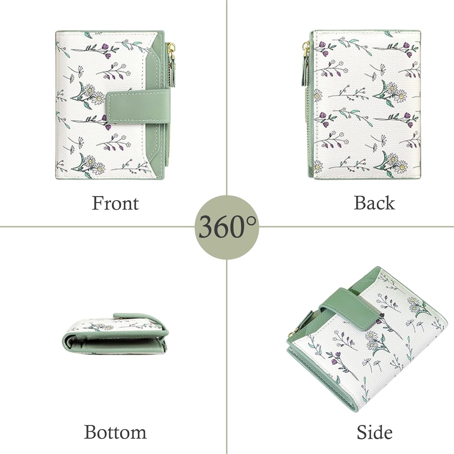 Small Wallets Women RFID Leather Bifold Card Holder Cute Flower Wallet for Women with Zipper Coin Pocket 3 ID Windows - Image 5