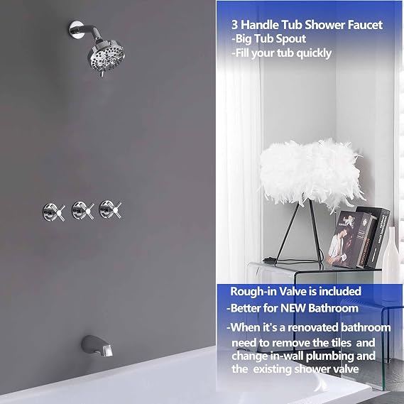 3 Handle Tub Shower Faucet Set, Bathtub Shower Faucet With Tub Spout Chrome Tub and Shower Trim Kit with Valve