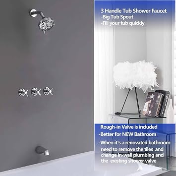 3 Handle Tub Shower Faucet Set, Bathtub Shower Faucet With Tub Spout Chrome Tub and Shower Trim Kit with Valve