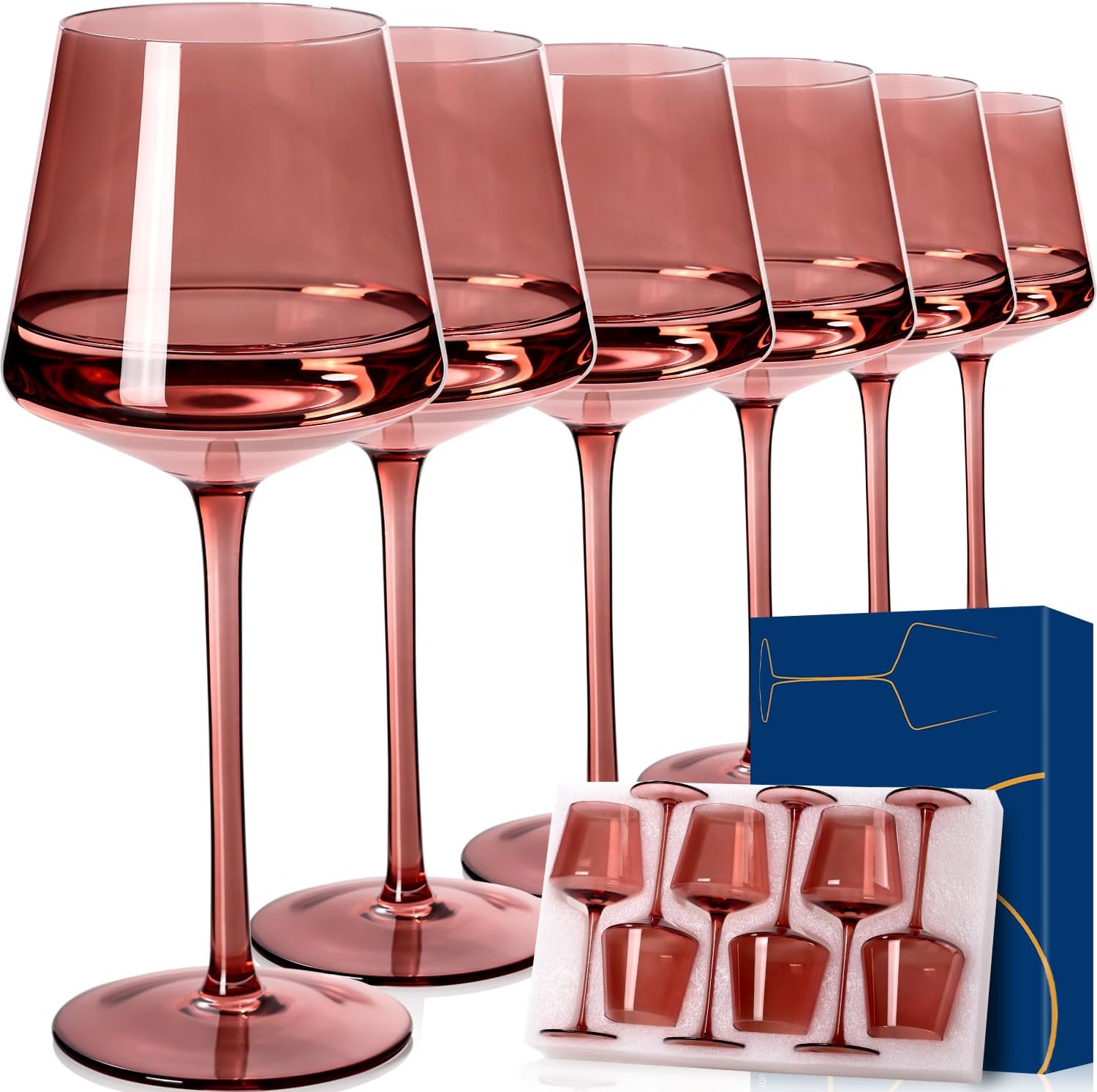Rose Wine Glasses Set of 6,18oz Rose Wine Glassware Gift Set for Wife & Mom-Colorful Hand Blown Glass Drinkware for Red White Wine