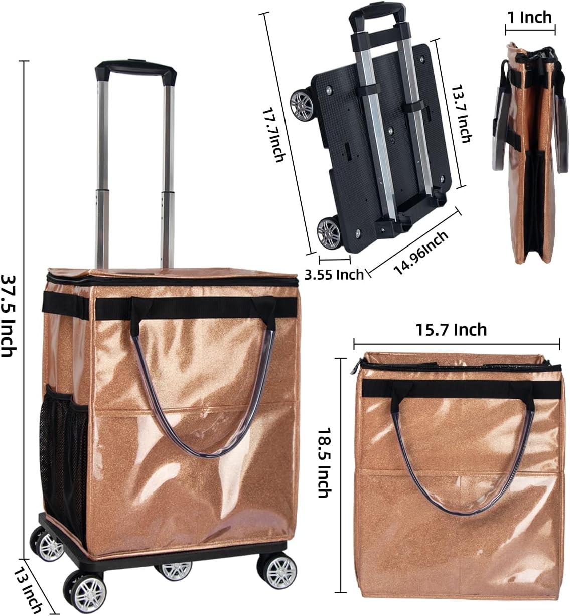 Reusable Grocery Bags on Wheels, Rolling Tote Bag, Portable Shopping Cart for Groceries with Wheels and Drawstring Bag, Trolley, 54L, Foldable, Starry Gold