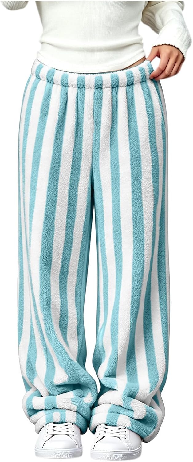 Fuzzy Pjs for Women Winter Wide Leg Elastic Waist Plush Pajama Pants
