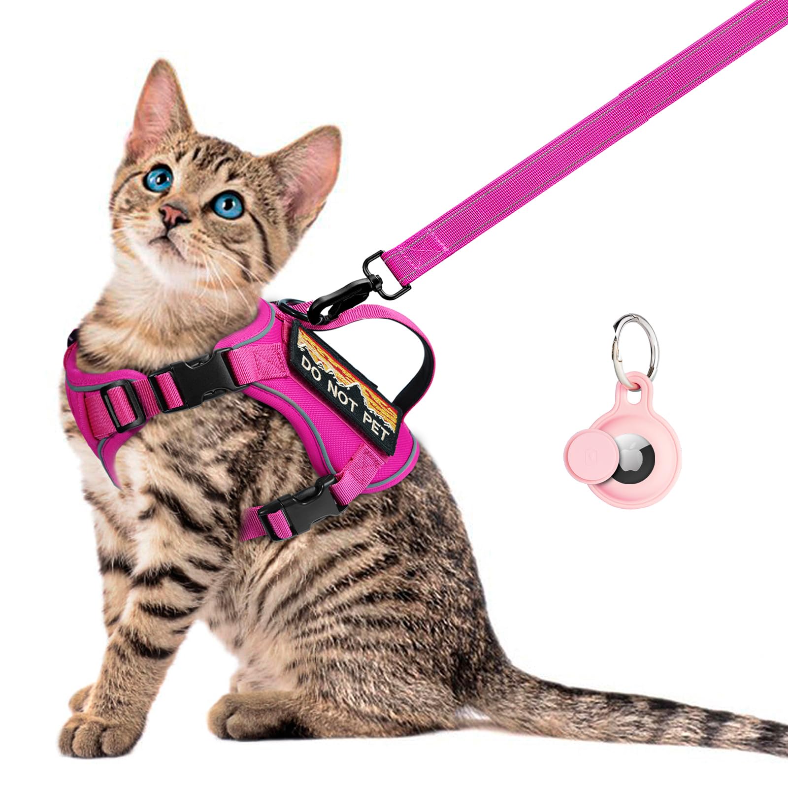 Harnais tactique réglable anti-fugue pour chat de grande taille, respirant, facile à contrôler, avec poignée, patchs Molle (rose + laisse, L)