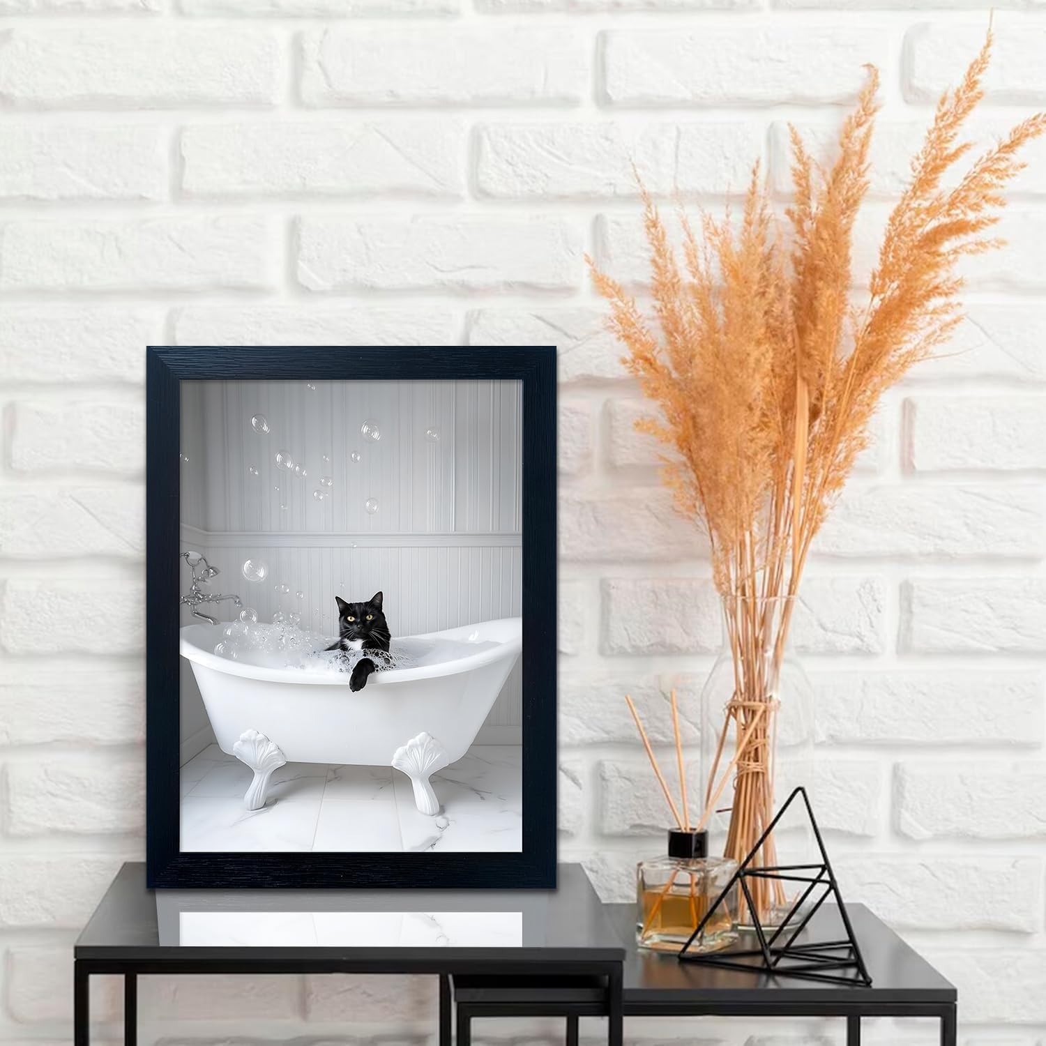 Black and White Bathroom Decor Funny Bathroom Wall Art Framed Black Cat in Bathtub Picture Painting Humorous Animal Artwork