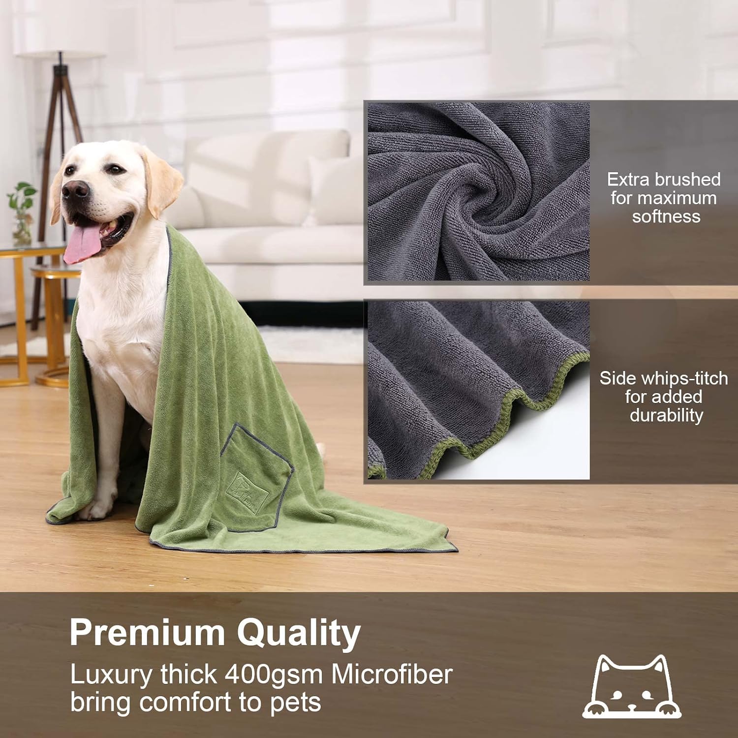 PETTOM Dog Towels 2 Pack Large Super Absorbent Microfibre Pet Towel with Hand Pockets Microfiber Dog Bath Towels Pet Drying Towel Fast Drying Super Soft - Image 3