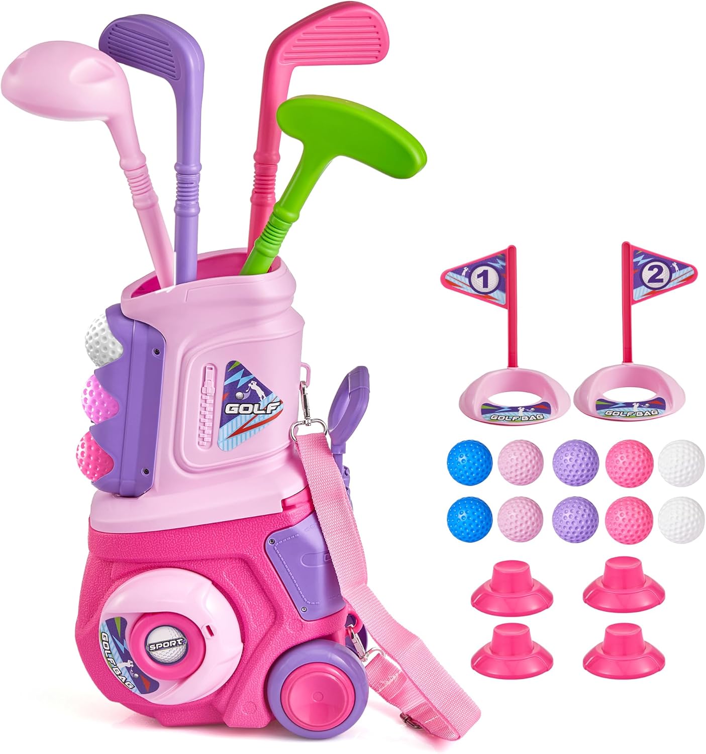 PJG Toddler Golf Set, Plastic Kids Golf Clubs Ages 1 2 3 4 5 Years Old with 4 Golf Clubs and 10 Balls, Indoor and Outdoor Golf Toys with Cart for Toddlers Boys and Girls Birthday Gift (Pink)
