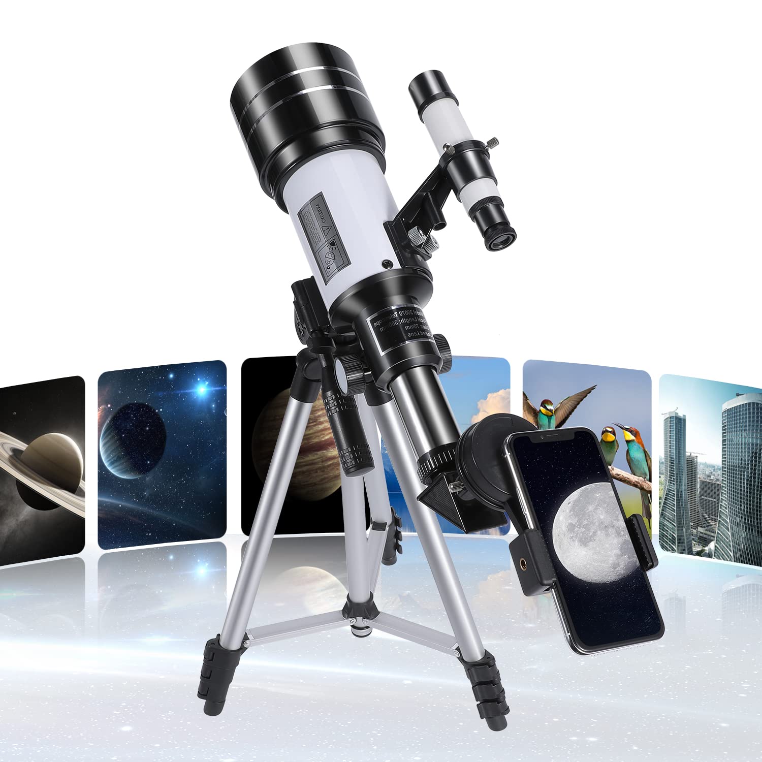 Telescopio Astronómico para Niños y Adultos, Apertura de 70mm, Distancia Focal de 300mm, Zoom 15X-150X, Incluye Trípode, Adaptador para Teléfono Móvil y Bolso de Transporte