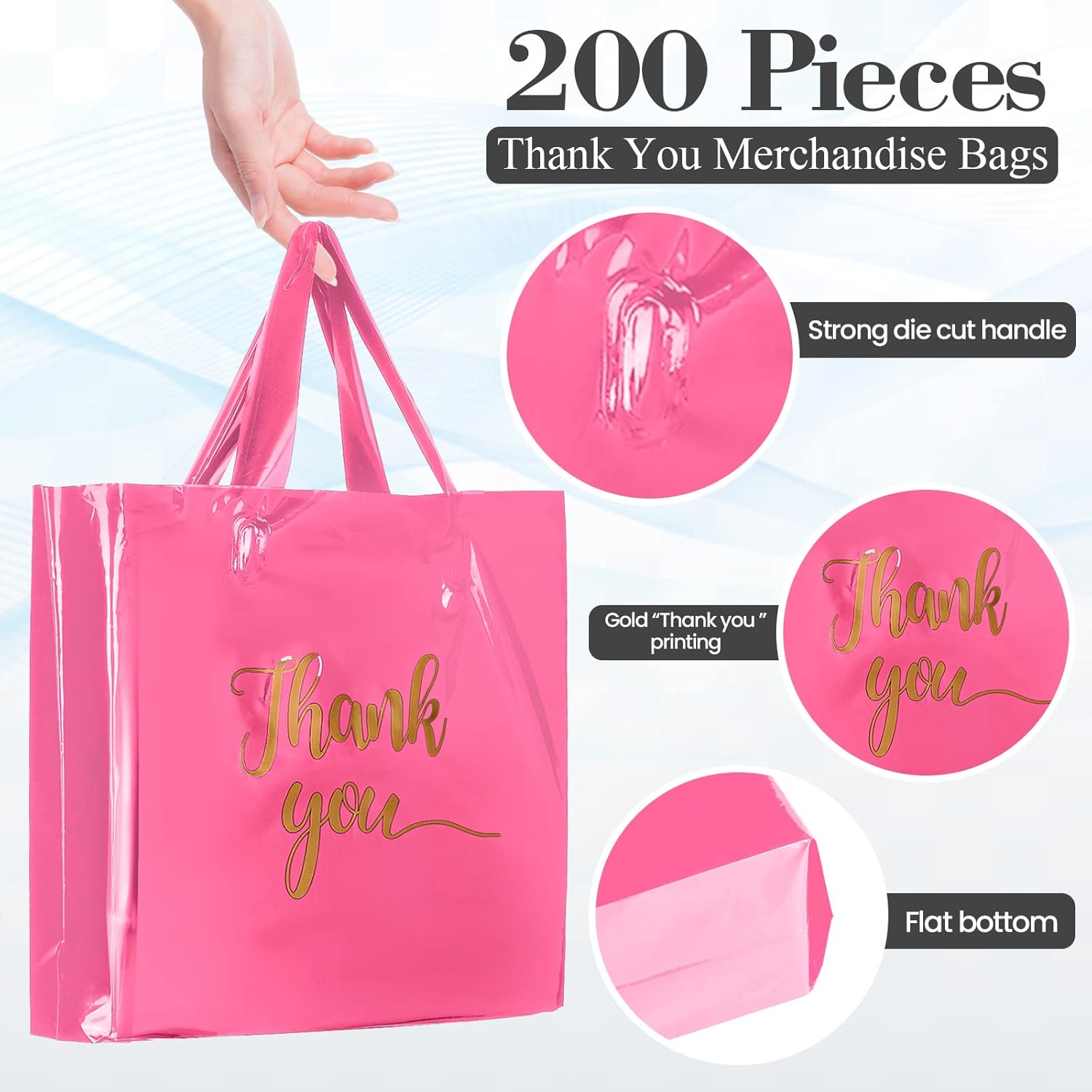 Teling 200 Pcs Thanks Bags with Handle Bulk Thank You Merchandise Bags 3 Size Plastic Packet Retail Shopping Package for Boutique 9 x 12'', 12 x 15'', 15 x 18''(Pink) - Image 2
