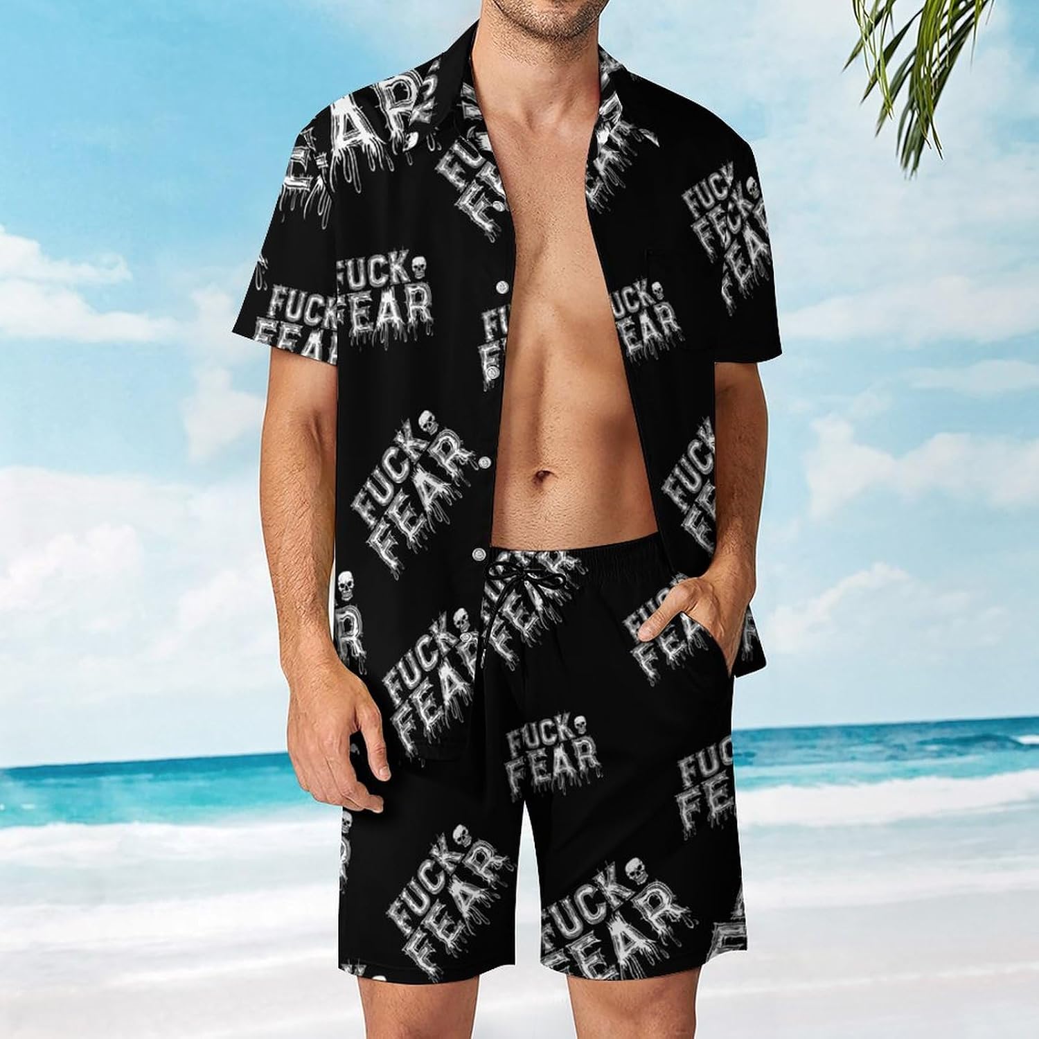 Fuck Fear Men's Summer Beach Outfits Shirt And Shorts Set 2 Piece Vacation Swimwear